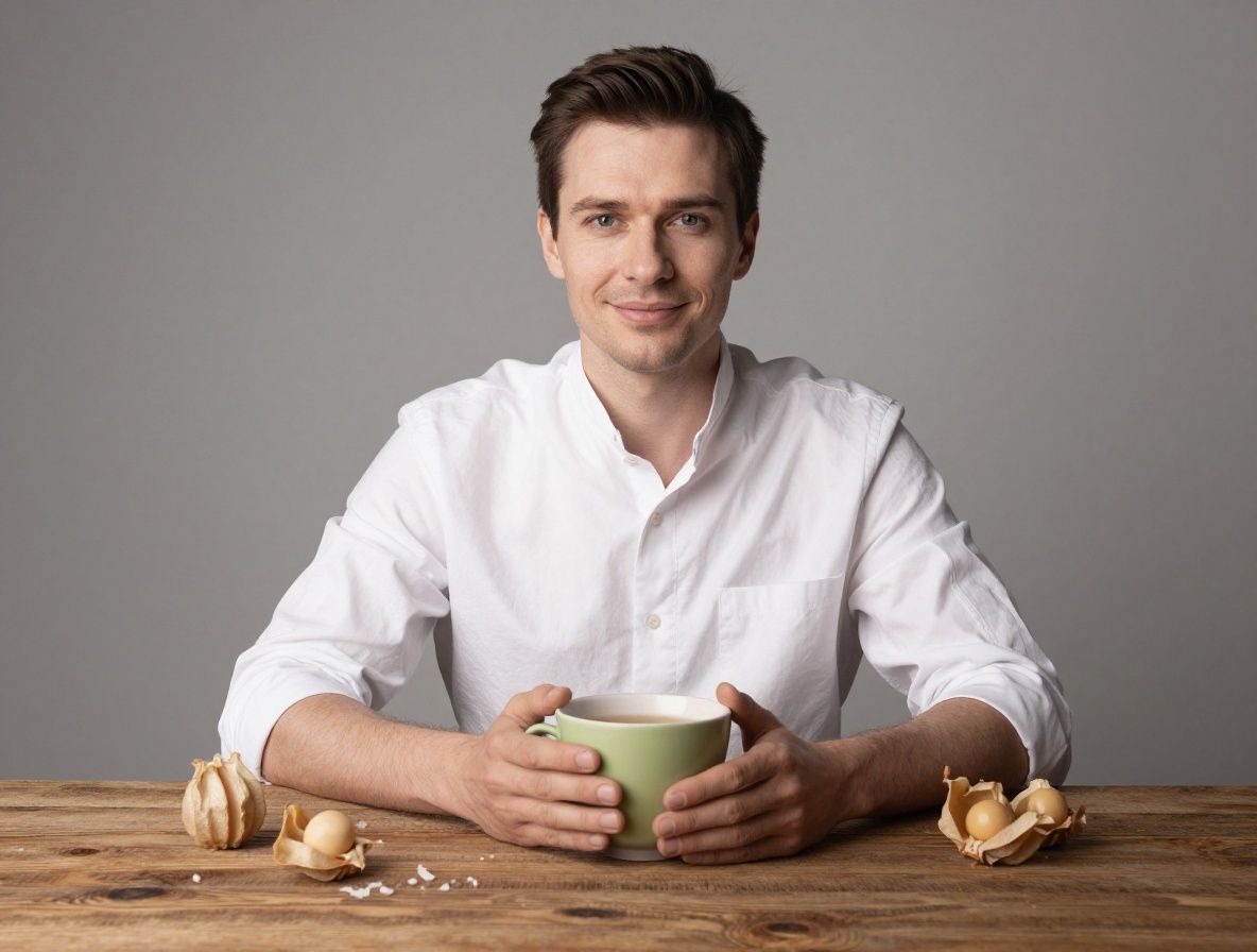 Ranní rituál – šálek zeleného čaje na dřevěném tácu s lístky čerstvé máty a kapkami rosy, klidná a soustředěná atmosféra rána