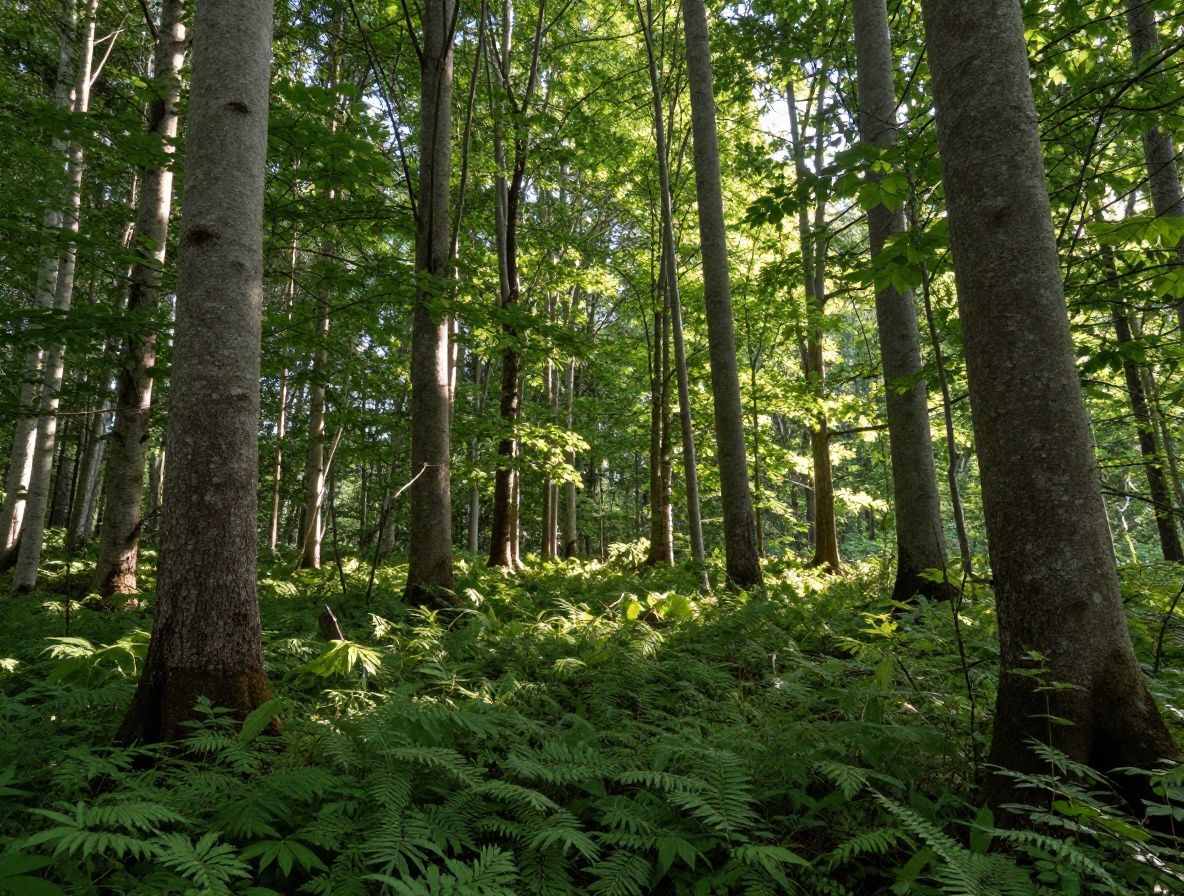 Lesní stezka s ranním světlem pronikajícím skrze vysoké stromy, mlžná atmosféra a zelená vegetace evokující klidnou přírodu a fyzický pohyb venku