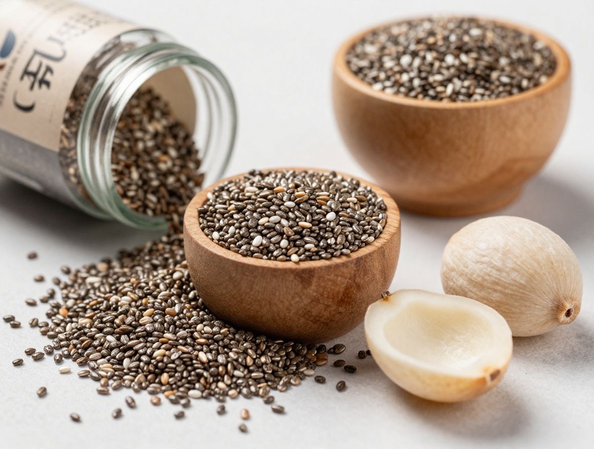 Makro detail mix ořechů a semínek – chia, lněná, dýňová semínka a mandle na tmavém kamenném povrchu, studiový záběr přirozených potravin